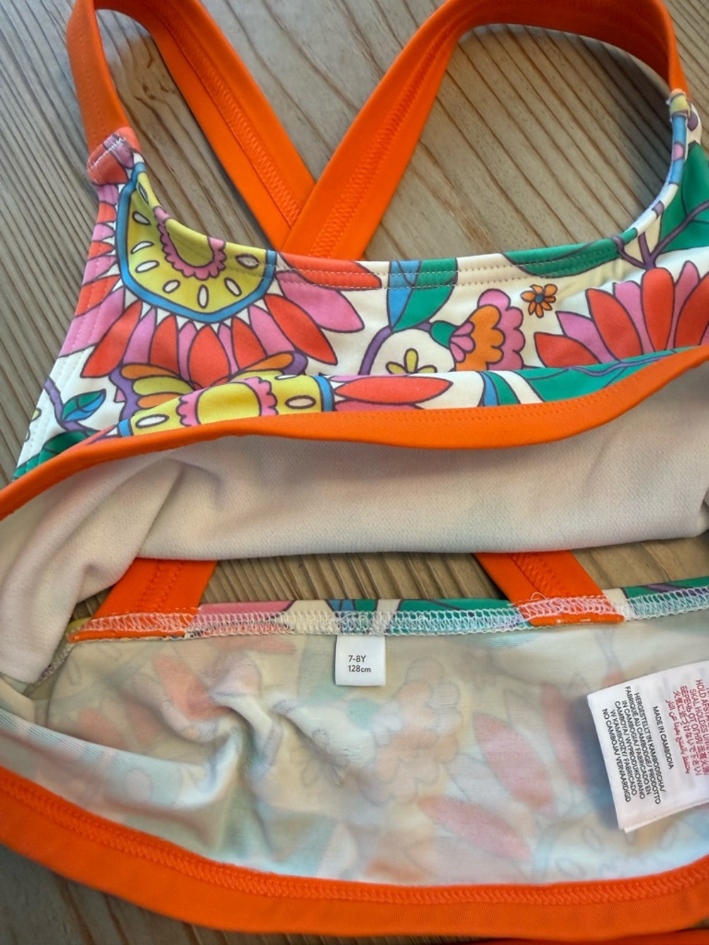 Mini Boden Bright Floral Two-Piece Swim Set with Orange Trim size 7/8 - Picture 3 of 3